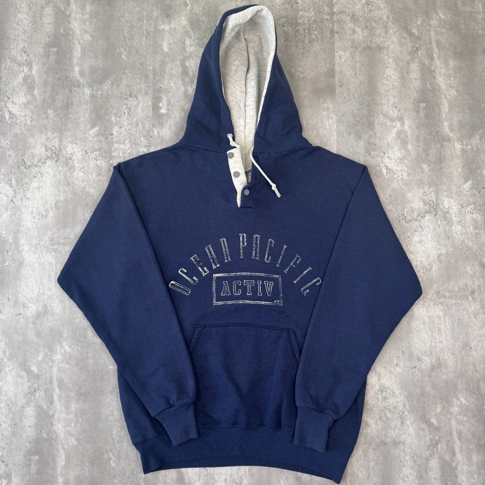 Vintage Ocean Pacific Hoodie Men's L Blue Spellout Henley Pullover Surf Y2K